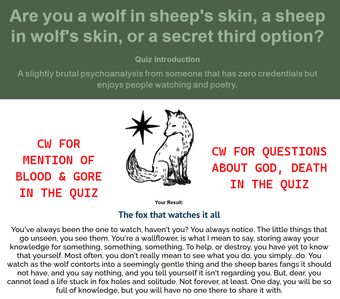 QUIZ: are you a wolf in sheep's skin, a sheep in wolf's skin, or a secret third option? RESULT: the fox that watches it all